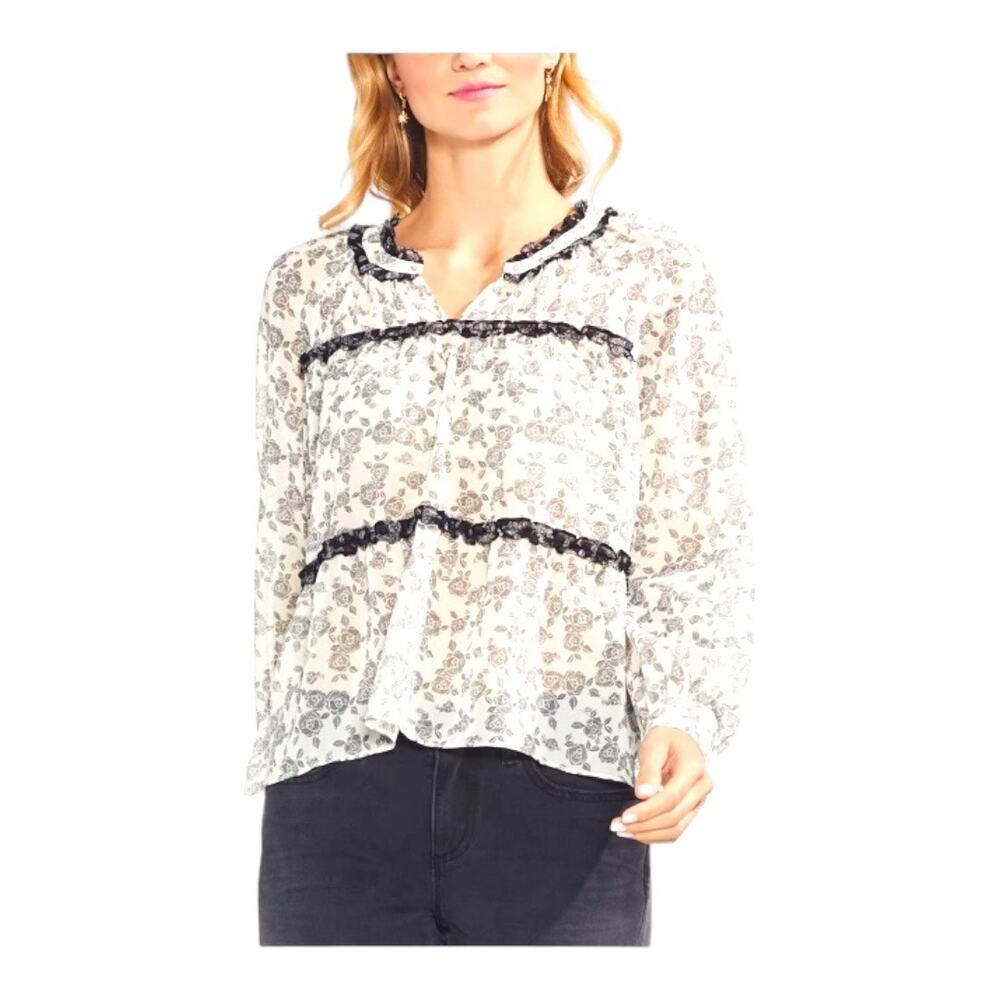 Vince Camuto Sheer Ditzy Flower Blouse Black & White Size L